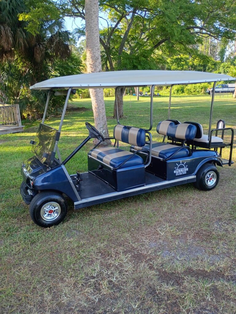 Blue 6-passenger electric limo golf cart